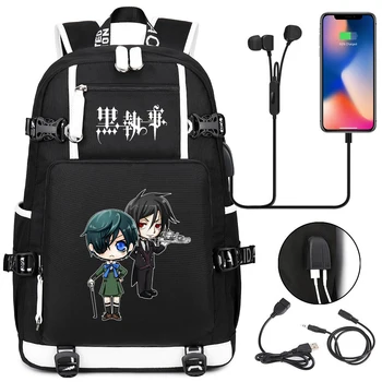Anime Siyah Butler Sırt Çantası Okul gençler için çanta Karikatür Unisex Sırt Çantası Öğrenci Fermuar USB dizüstü bilgisayar seyahat Omuz Çantaları