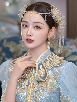 Antik Çin Tarzı Gelin Düğün Kadınlar Hanfu Elbise Mavi Saç Aksesuarları Lüks Kraliçe Hairwear Dekorasyon Takı Setleri