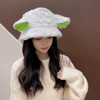 Moda Koyun Şapka Sevimli Peluş Kuzu Kulaklar kadın Sıcak Kova Şapka Sonbahar ve Kış Balıkçı Şapka Yeni Moda Yeşil Şapka