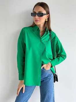 Rahat Klein Mavi Gömlek Bahar Yaz uzun kollu pamuklu bluz Ofis Bayan Zarif Katı Gevşek Üstleri Büyük Boy Yeşil Blusa Tunik