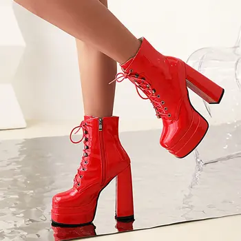 2022 Moda Çift Platform Kadın yarım çizmeler Patent Deri Süper Yüksek Topuk serseri Çizmeler Fermuar Çizmeler Siyah Beyaz