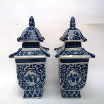 YİZHU KÜLTÜR SANAT Koleksiyonu bir Çift Çin Eski mavi-beyaz Porselen Figürü Vazo Kavanoz H 7.7 inç Aile Dekorasyon Hediye
