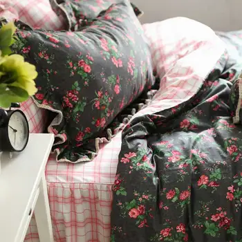 Moda amerikan rustik fırfır dantel nevresim takımı, pamuk tam kraliçe kral çiçek yatak örtüsü yatak elbise yastık kılıfı yorgan kapağı