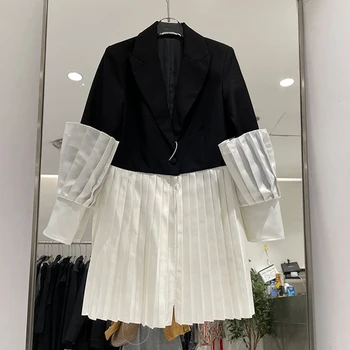 2021 Bahar Kore Tarzı Siyah ve Beyaz Renk Takım Elbise Ceket kadın Orta Uzunlukta Pilili Blazer Ceket