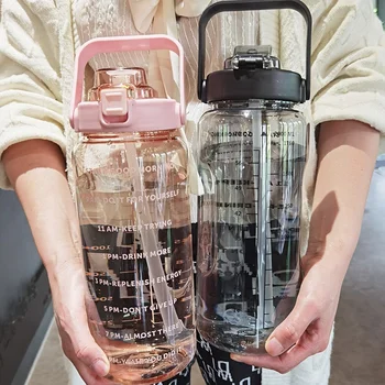 2 Litre Spor Su Şişesi Saman İle Erkekler Kadınlar Spor Su Şişeleri Açık Soğuk Su Bottlesc Zaman İşaretleyici İle Drinkware