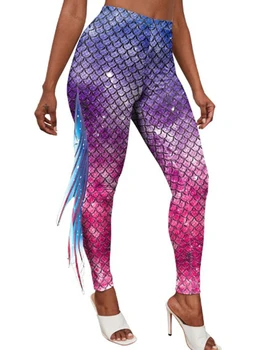 Bayan Moda Balık Pulu Baskı Yoga Tayt Cadılar Bayramı Mermaid Rol Oynamak Pantolon Yüksek Bel kalem pantolon Yoga Spor