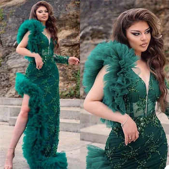 Kristal Avcı Yeşili Ünlü Abiye Yan Bölünmüş Boncuk Çok Katmanlı Fırfır Önlük Parti Elbiseler Özel Balo 