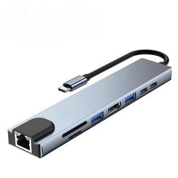 8-İn-1 USB Tip-C Hub Çift HDMI uyumlu Rj45 Çoklu USB Güç Adaptörü Yerleştirme İstasyonu Dizüstü Bilgisayar Desteği Pd İletim