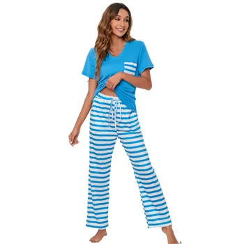 2022 kadın Pijama Seti Rahat Gevşek Pijama Kısa Kollu Üstleri + Uzun pantolon 2 Parça Takım Elbise Ev Giysileri Pijama Femme Kıyafeti