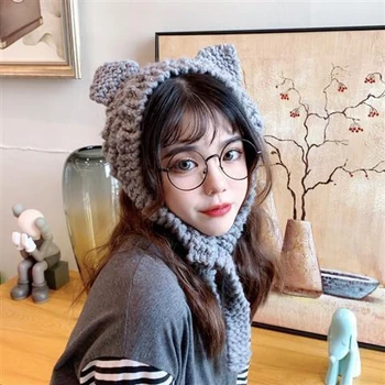 Kış Kadın Kedi Kulak Şapka Tığ Örme Şapka Kostüm Şapka Kap Hediye Anime Şapka Fotoğraf Prop Kız Parti Gri
