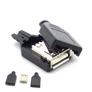 3 in 1 Tip A Dişi USB 2.0 soketli konnektör 4 Pin Fiş Siyah Plastik Kapaklı Lehim Tipi DIY Konnektör