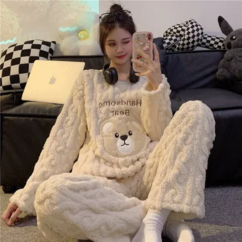 Kış Yeni Pijama kadın Mercan Kadife Rahat Güzel Tatlı Yuvarlak Boyun Pijama Kız Pazen Sıcak Kalın Ev Giyim Seti