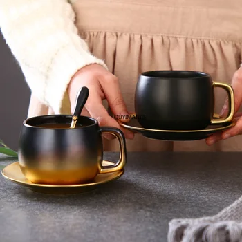 Lüks Siyah Altın Mermer Seramik Kahve Fincanı Espresso Kahve Çay Kahvaltı süt fincan ve çay tabağı Seti Kahve Fincanı Kupa