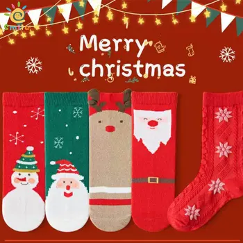 2023 Yeni 5 çift / grup 1 İla 12 Y çocuk Çorap Karikatür Noel Noel Baba Kardan Adam Yeni Yıl Kırmızı sıcak tutan çoraplar Çocuklar Pamuk Çorap