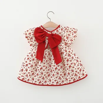Bebek Kız Elbise Yaz çocuk giyim Bebek Bebek Giysileri Tatlı Yay Çiçek Baskı Kısa Kollu Prenses Kız Elbise Hediye