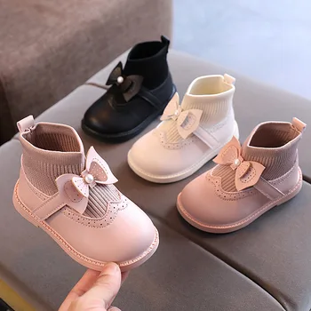 Yeni çocuk ayakkabıları Kızlar Yumuşak PU Deri yarım çizmeler Moda Sevimli Yay Bebek Prenses Yüksek Top Sneakers Nefes Çocuk Ayakkabı