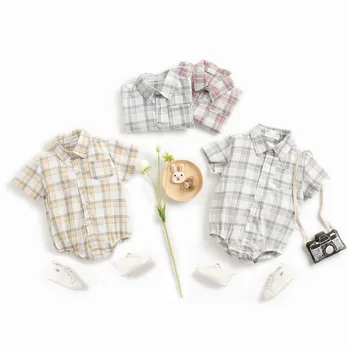 Kore Tarzı Bebek Giysileri Bebek Kısa kollu Ekose Erkek Giysileri Yaz Yenidoğan Kalça Şal Elbise Bebek Gömlek Üçgen Tarama Takım Elbise