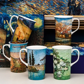 Van Gogh'un büyük kapasiteli kemik Çini kupa çift seramik kapaklı kupa kaşık hediye fincan seramik kupa kahve kupa