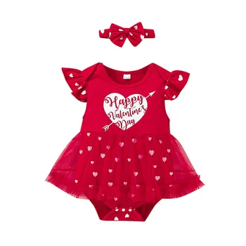 Yenidoğan Bebek Kız Romper Tulum sevgililer Günü Uçan Kollu Kalp Baskı Elbise Romper Kafa Bandı ile Yaz Giyim