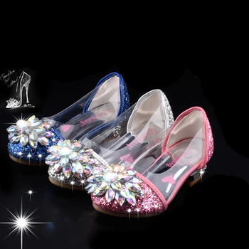 Ayakkabı Kız için Rahat Glitter Çocuk Yüksek Topuk Prenses Pembe Sandalet yüksek topuklu ayakkabılar Çiçek Kristal Sandalet Gümüş