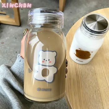450ml Sevimli karikatür Ayı cam su şişesi kalın ısı direnci içme şişeleri süt kahve Tumblers kadınlar için öğrenci