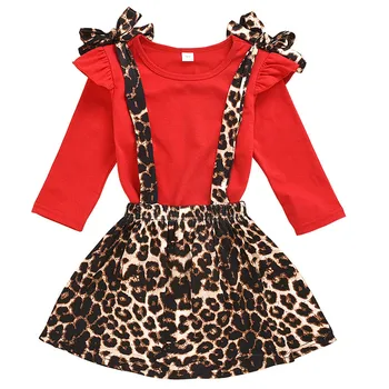 2 Adet Yenidoğan Bebek Kız Leopar Elbise Seti Ruffles Kırmızı Katı Ruffles T-shirt Pamuk kemerli elbise Toddler Kız Sevimli Kayış Giyim