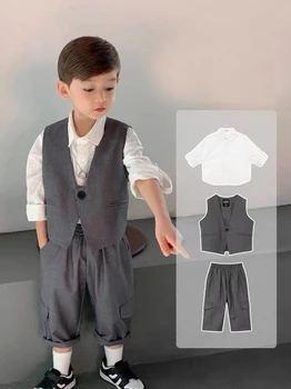 Küçük Çocuk Blazers Kıyafet Yelek + Beyaz Gömlek + Pantolon Zarif Elbise Kostüm çocuk Sosyal Giyim Çocuklar Düğün Takım Elbise erkek