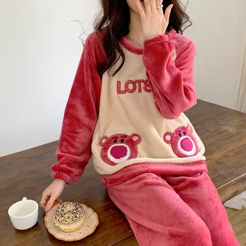 Disney Pooh Pijama Mercan Polar Sıcak Pijama kadın Kış Kalınlaşma Artı Kadife Karikatür Sevimli Ev Giysileri Flanel Takım Elbise