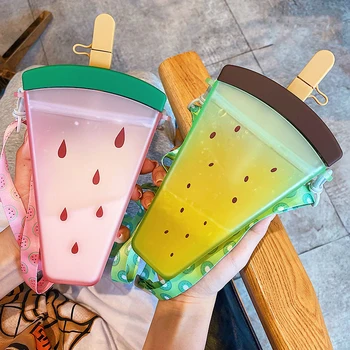 Plastik pipetli suluk Karikatür Dondurma Su Şişesi Güzel Şeffaf Meyve Suyu Süt İçme Bardağı BPA Ücretsiz Taşınabilir Drinkware