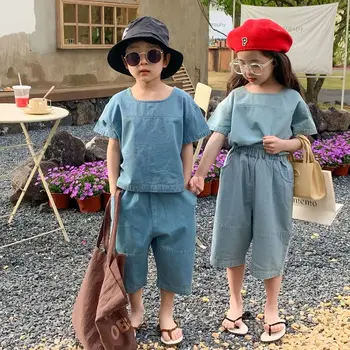 2022 Çocuk Yaz giyim setleri Denim Çocuk Giysileri Takım Elbise Bebek Kız Kısa Kollu Üst Ve Kot İki Parçalı Set Kore Erkek Kıyafet