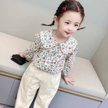 Bahar Kız Bluz Peter Pan Yaka Bebek Gömlek Güz Toddler Kız Çiçek Bluz Uzun Kollu Pamuklu Gömlek Çok Yönlü Çocuk Giysileri