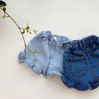 Kızların Kore yaz giysileri yeni bebek kız lotus yaprağı dantel rahat kot şort toddler pantolon