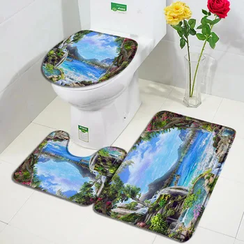 Avrupa Tarzı Şelale Banyo Paspasları Setleri Okyanus Ağacı Çiçekler Bitkiler Doğa Manzara Kapı Halı Ev Banyo Dekor Tuvalet Kapağı Mat
