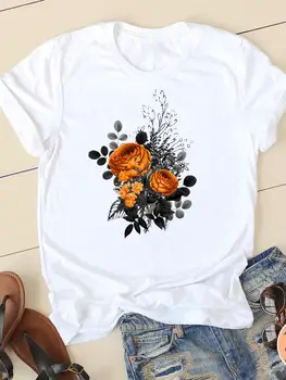 Giysi Yaz Rahat Kısa Kollu Bayan Baskı T-Shirt Giyim Çiçek Tatlı 90s Sevimli Kadın T Moda Kadın Grafik Tee