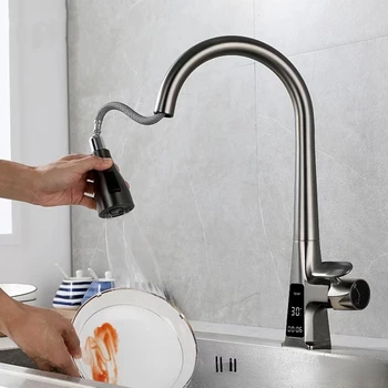 Dijital ekran Mutfak Musluk Tek Delik Pull-out mutfak lavabo mikseri Dokunun Pirinç Soğuk Ve Sıcak Rotasyon Çok modlu Su Musluk