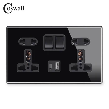 COSWALL PD 18W Tip-C Duvar Soketi, 3A Hızlı Şarj USB Arayüzü, Cam Panel Çift Evrensel Güç Çıkışı Anahtarlı Topraklı