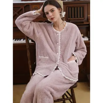 Kadın Pijama Seti Uzun kollu Pantolon Sonbahar Kış Yeni Sıcak Dantel Pazen Ev Takım Elbise Sevimli Yumuşak Ev Giyim Rahat Loungewear