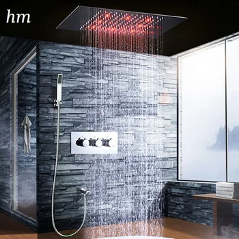 hm Modern Krom Yağmur Musluk Sistemi 360x500mm Tavan LED Duş Başlıkları Yağış Duş Paneli Banyo Termostatik Saptırıcı Musluk