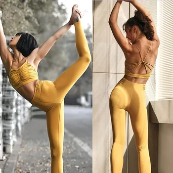 Spor Setleri Kadınlar 2 adet Yoga Takım Elbise Çapraz Geri Darbeye Sutyen Yüksek Bel Push Up Tayt Sıkı Spor Salonu egzersiz kıyafeti