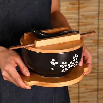 Japon Seramik Ramen kapaklı kase Büyük Erişte Meyve çorba kaseleri Mutfak Sofra Getirmek Tahta Kaşık Çubuk Çevre Dostu