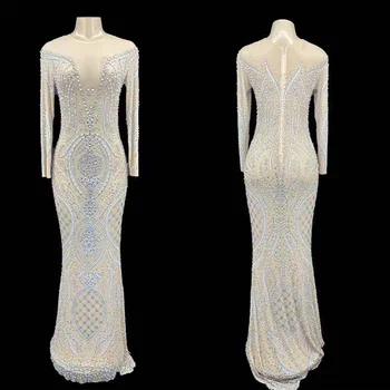 Parlayan Rhinestones Kristal Işıltılı Seksi Uzun Kollu Kadın Elbise Düğün Akşam Parti Giyim Sahne Şarkıcı Kostüm Gerçekleştirmek 