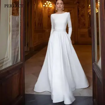 MÜKEMMEL Zarif O-Boyun Saten Gelinlik Basit Uzun Kollu Illusion Geri A-Line gelinlikler Custom Made Vestidos De Novia