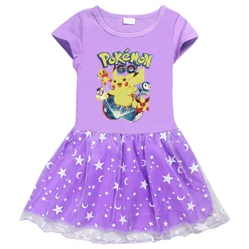Pokemon Pikachu Çocuk Kız Pembe Elbise %100 % Pamuk 3D Baskılı Karikatür Yıldız Ay İplik Kısa Kollu Güzel Prenses Elbise