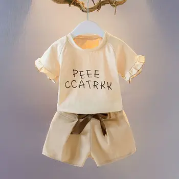 Kız Setleri 2021 Yaz Çocuk Giyim Kısa Kollu Mektup T-Shirt + Pantolon için 2 Adet Bebek Kız Giysileri Moda Kız Takım Elbise