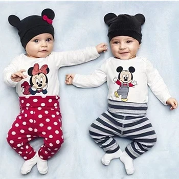 Bahar Sonbahar Yenidoğan Bebek Romper + Pantolon + Şapka 3 Adet Set Erkek Bebek Kız Giysileri Takım Elbise Mickey Minnie Bebek Tulum Tek Parça Bodysuit