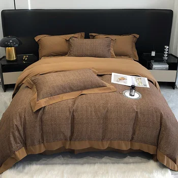 2023 yeni dört parçalı yatak moda pamuk çift ev yatak çarşafı nevresim ekleme tasarım yatak sarı kahve rengi
