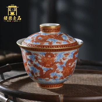 / Jingdezhen seramik el boyalı şap kırmızı boyalı altın Jiulong opera boncuk Liangcai Sancai çay bardağı seti kung fu çay kase