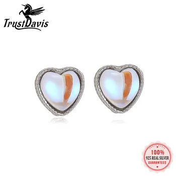 TrustDavis Gerçek 925 Ayar Gümüş Zarif Aytaşı Kalp Saplama Küpe Kadınlar için Minimalist Kalp şeklinde Takı Hediye LB422