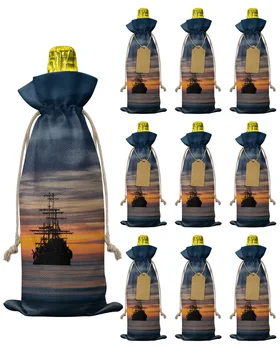 10 adet Gün Batımı Deniz Siyah Gemi İpli şarap şişesi Kapakları Yeniden Kullanılabilir Şişe Sarma Hediye Paketi Parti Dekor Şarap Çantaları