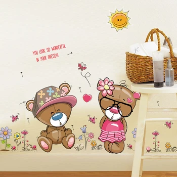 Karikatür Ayı Çift Çiçekler duvar çıkartmaları Çocuk Odası Yatak Odası Dekorasyon Hayvan Duvar Sanatı Dıy Pvc Duvar Çıkartması